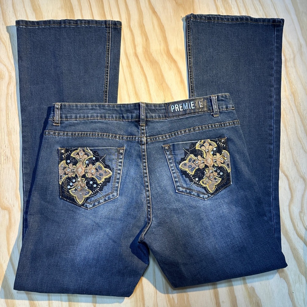 Premiere by rue21 Women's Embellished Cross Bootcut Blue Denim Jeans Size 11/12R - Picture 3 of 8